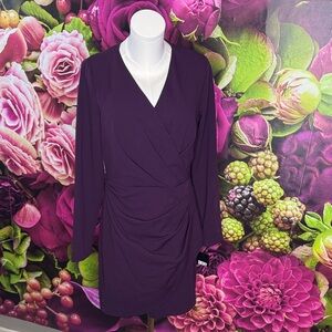 Women's Long Sleeve V-Neck Solid Ruch Sheath Dress